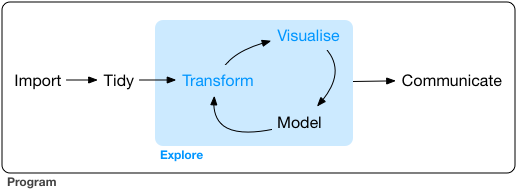 The R4DS Workflow: Import; Tidy; Transform; Explore: Transform, Visualize, Model, Repeat; Communicate